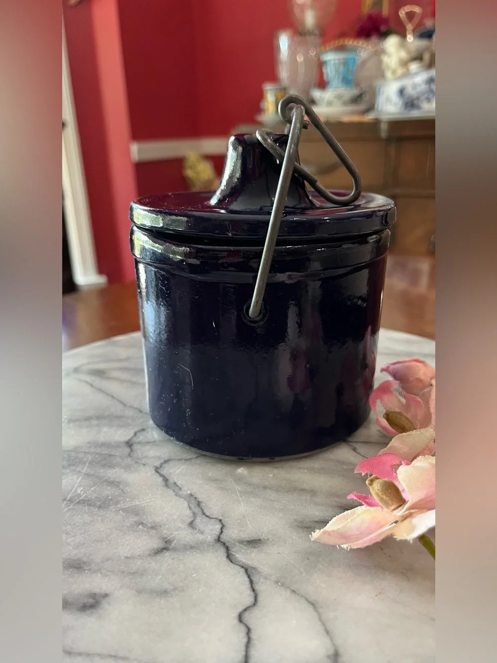 VTG Cobalt Blue Stoneware Cheese Crock w Wire Bail Lid, 1lb Med. Sz. Farmhouse